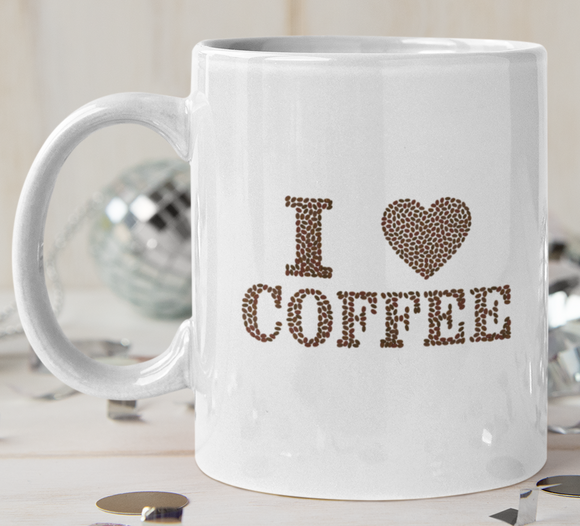 weisse Tasse bedruckt mit I love coffee