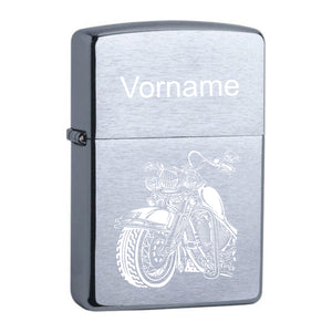 Chrome Brushed Original Zippo graviert mit Life ride free Motorrad und Wunschname