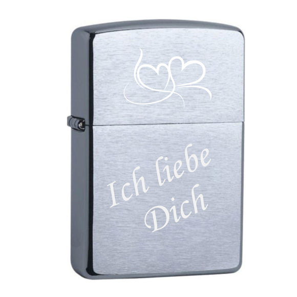 Ich liebe Dich + 2 Herzen Chrome Brushed Original Zippo graviert
