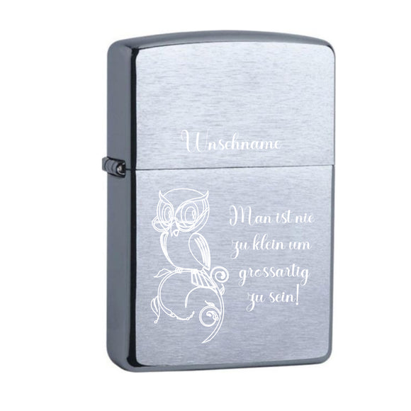 Eule Man ist nie zu klein ... Original Zippo Chrome Brushed graviert personalisierbar