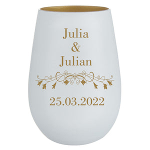 Schönes Geschenk mit Namen und Datum graviert - Windlicht Glas weiss-gold oder weiß-silber