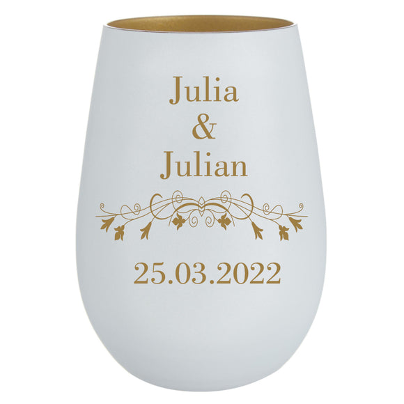 Schönes Geschenk mit Namen und Datum graviert - Windlicht Glas weiss-gold oder weiß-silber