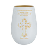 Du bist nicht mehr da wo du warst, aber Du bist überall wo wir sind + Motiv Kreuz  - Windlicht weiss-gold mit Gravur personalisierbar mit Name und Datum