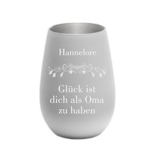 Windlicht weiß-silber mit Gravur Glück ist eine Oma wie dich zu haben mit den Namen der Oma graviert.